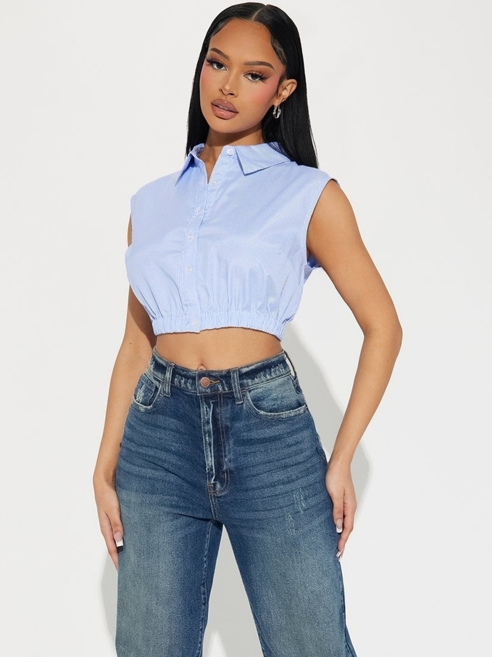 Fashion Nova Keep It Going Sleeveless Light Blue And White Cropped Collared Top